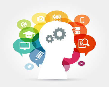 Illustration of a human head silhouette with colourful icons representing skills, knowledge and competencies