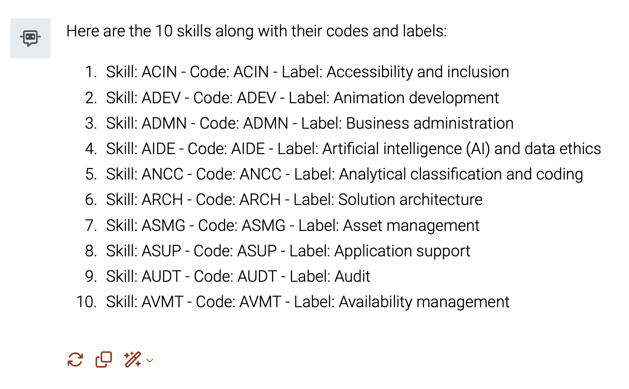 Talk To Your Graph agent listing 10 SFIA skills with their codes and labels