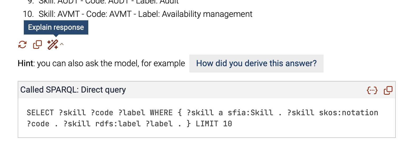 Explainability view showing the generated SPARQL query for listing skills