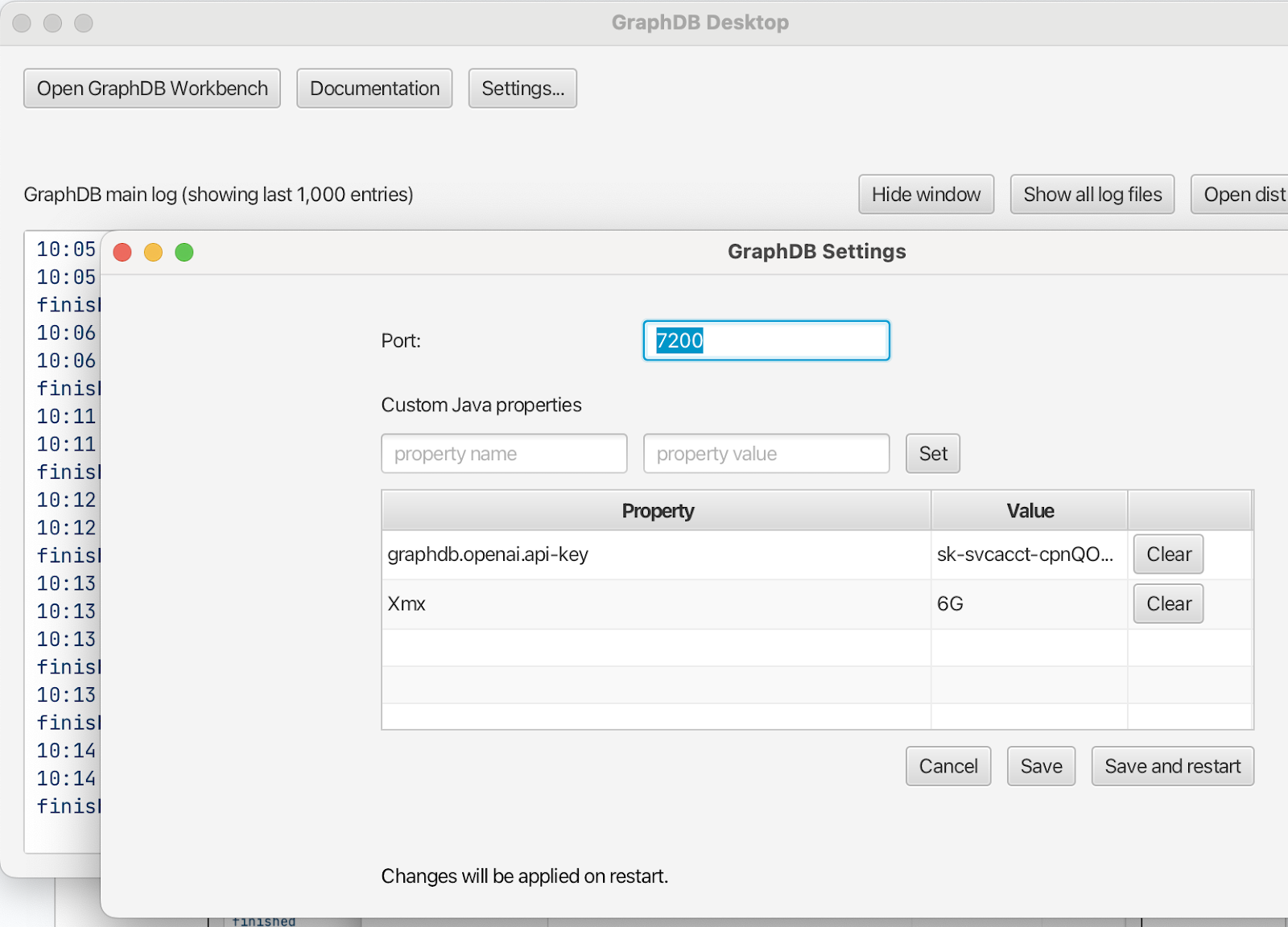 GraphDB settings panel showing where to configure the OpenAI API key