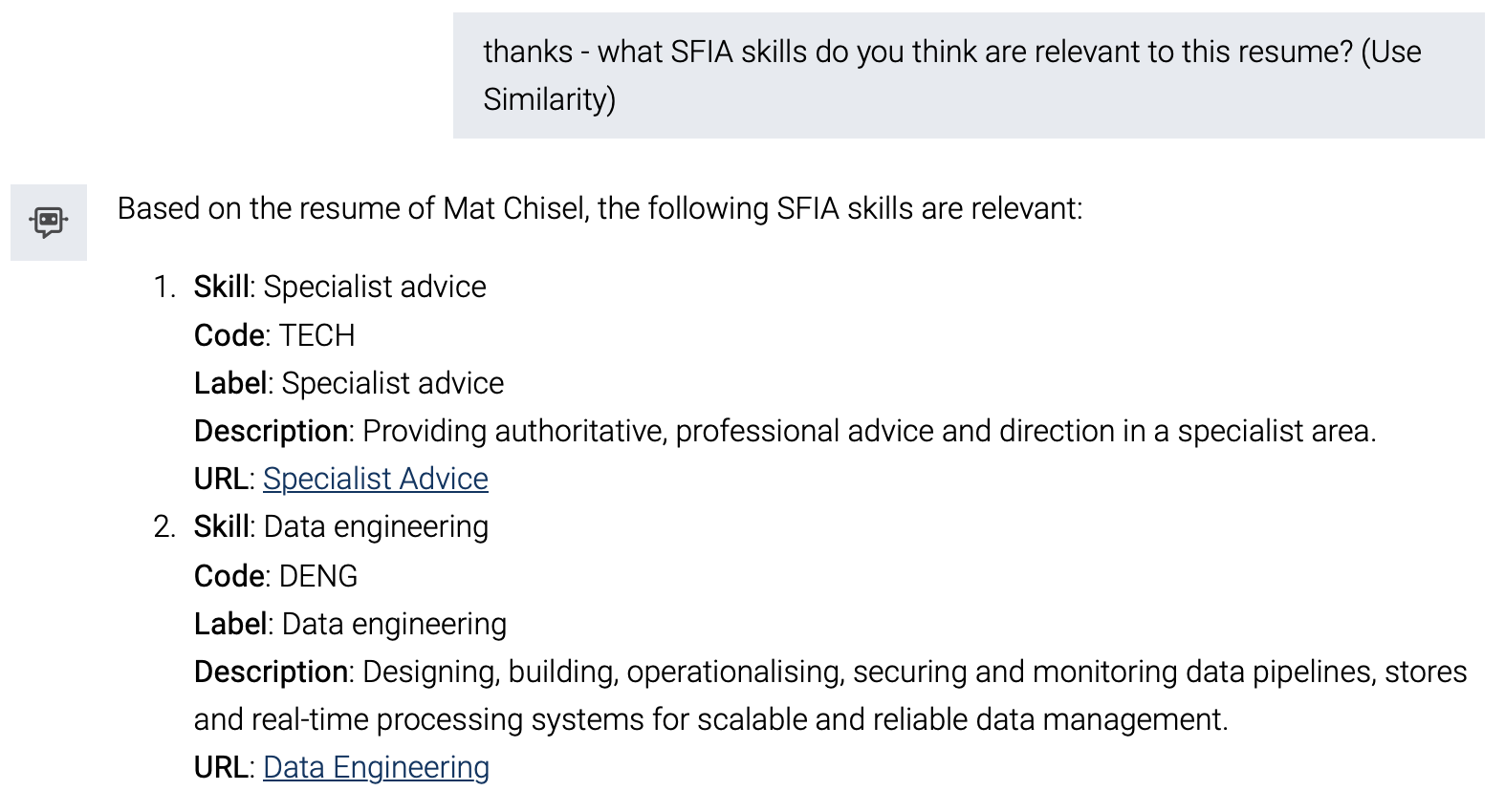 Agent matching SFIA skills to the resume content