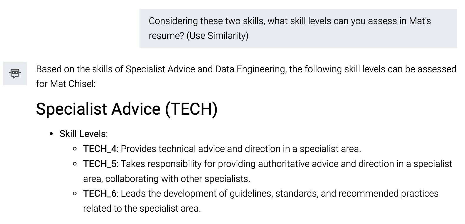 Agent determining skill levels from the resume analysis