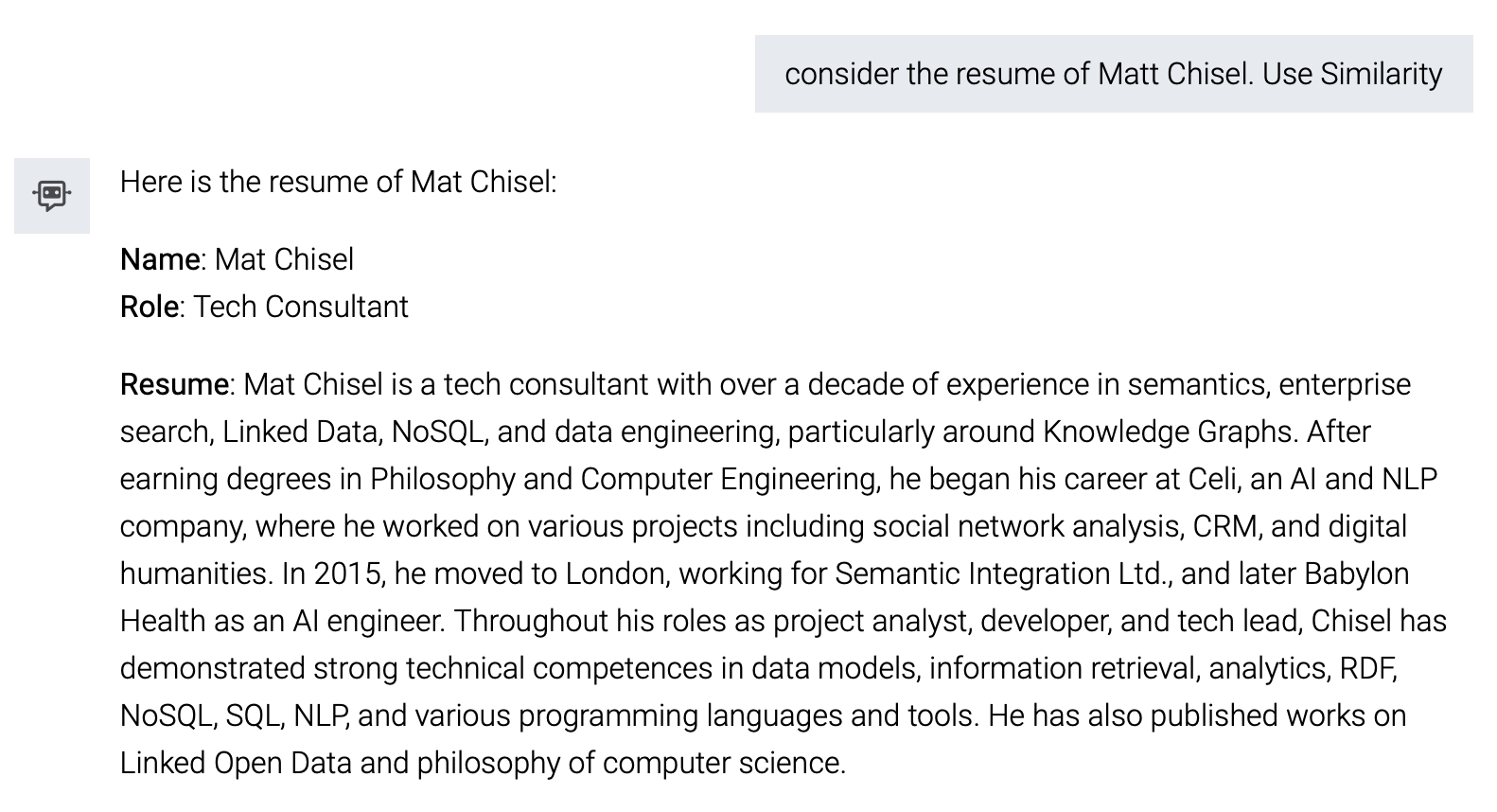 Agent finding the resume for Mat Chisel and identifying relevant SFIA skills