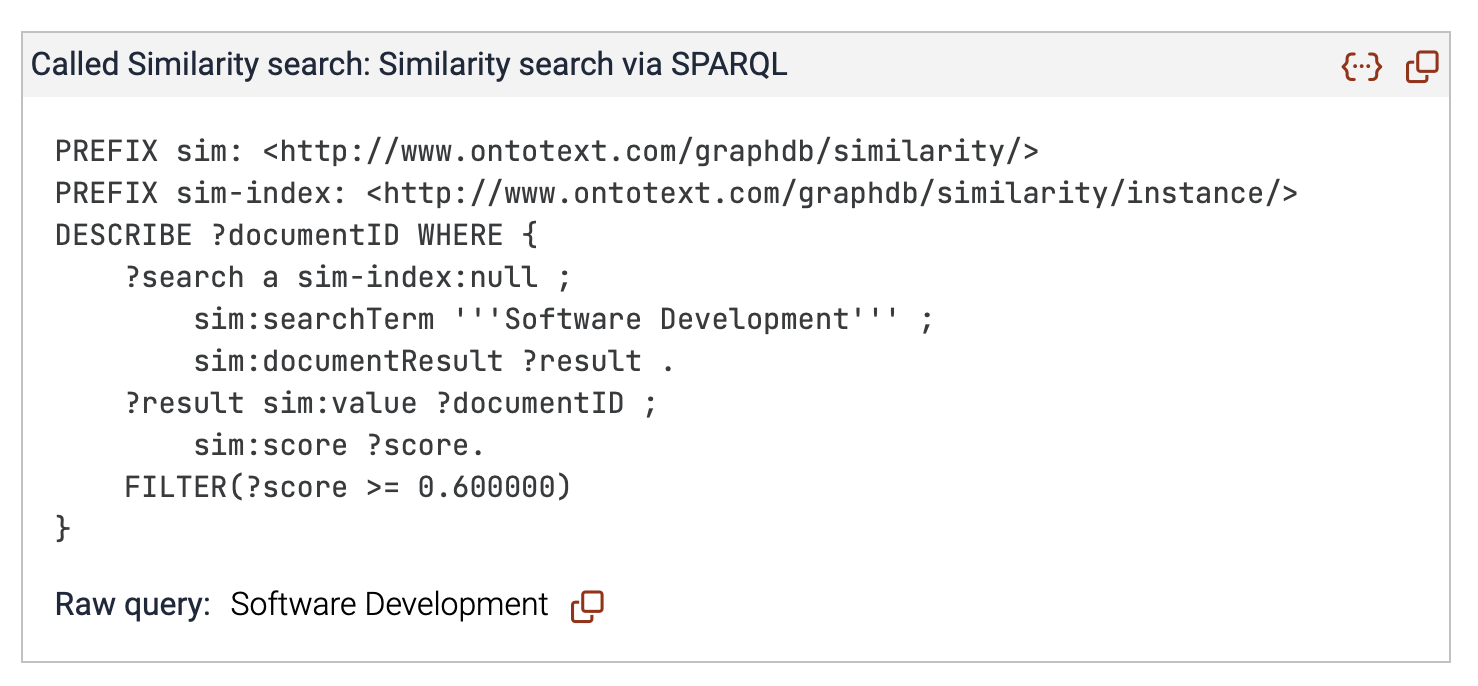 Explainability view showing similarity search SPARQL query using the Similarity index
