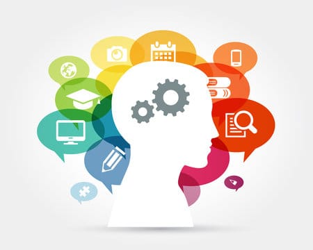 Illustration of a human head silhouette with colourful icons representing skills, knowledge and competencies